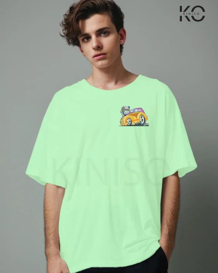 Image of Pastel Mint color drop shoulder t-shirt with Racing Car Engine Print for men at reasonable price